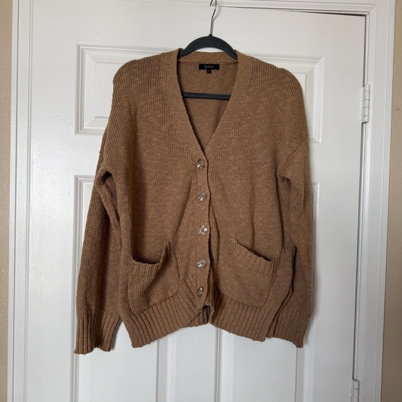 Quince Cotton-Linen Relaxed Cardigan Sweater in Camel Size Medium - Picture 3 of 13